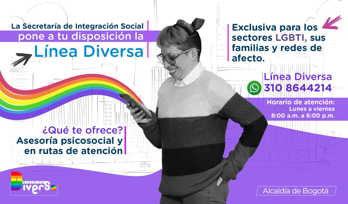 integracionbta's tweet photo. La #SubLGBTI activa la primera línea telefónica de atención y asesoría psicosocial para la población de los sectores sociales LGBTI, sus familias y redes de apoyo, llamada #LíneaDiversa.
¿Lo mejor? completamente confidencial 🤫
¡Bogotá diversa e incluyente! https://t.co/SFbVfqhTcK