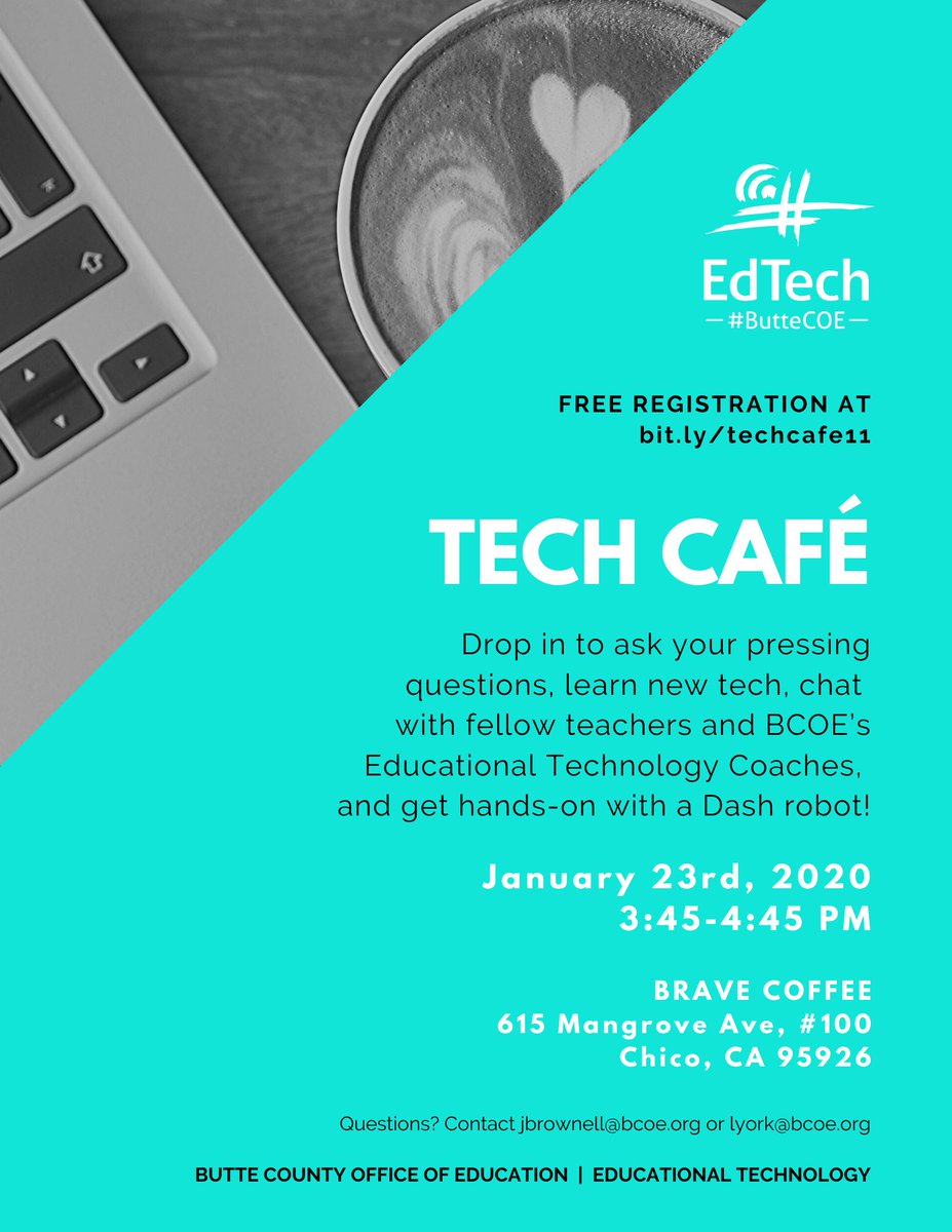 edtechbcoe's tweet photo. SAVE THE DATE! We're having our next Tech Café at Brave Coffee in Chico on 1/23 and we're bringing Dash and Dot robots! Free registration at https://t.co/W6kKrC1Wc5! Come hang out informally, play with fun robots, ask questions, and enjoy January with #EdTechBCOE! #ButteCOE https://t.co/71suFt4v2M