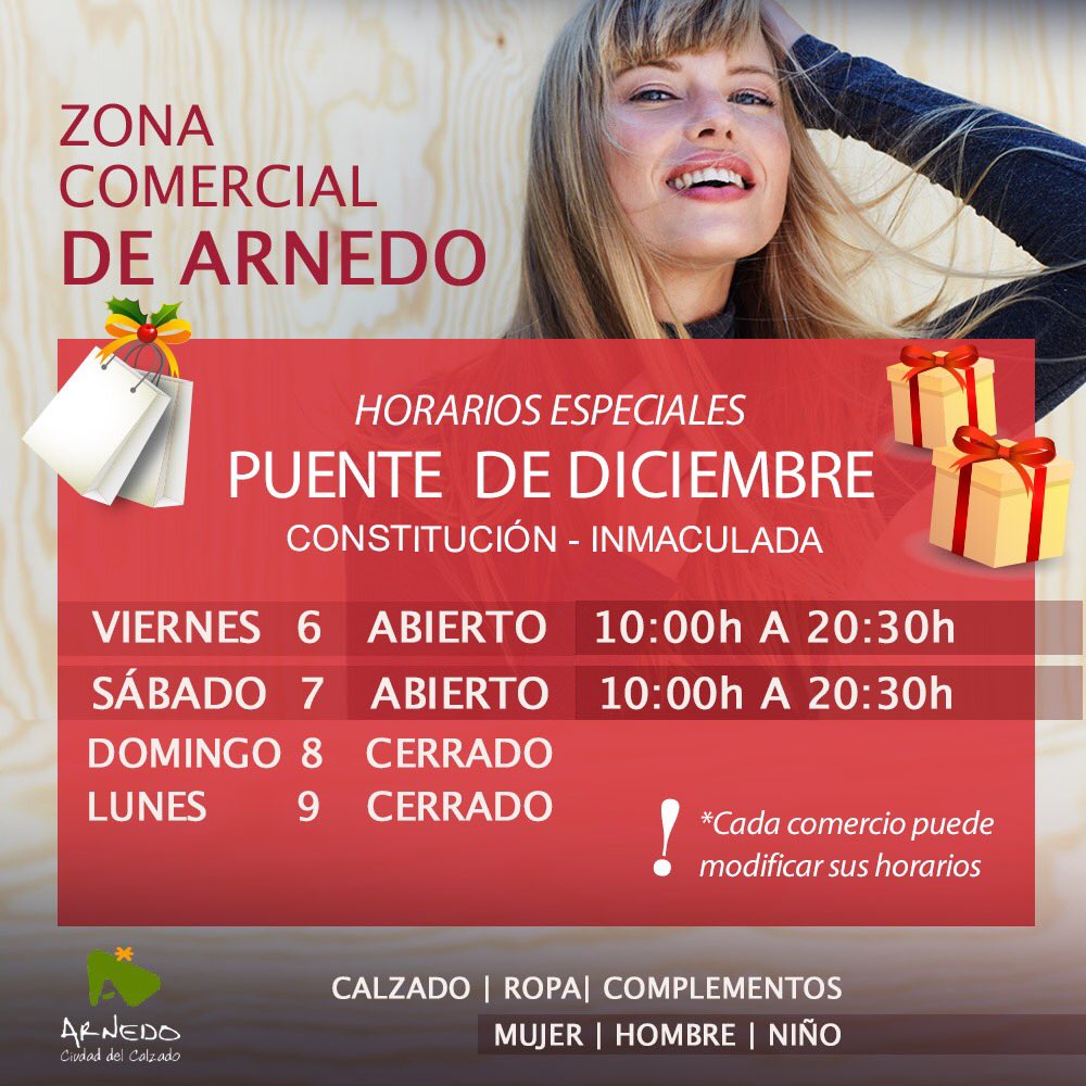 ¡RECUERDA! 📣 Este puente de diciembre tenemos horarios especiales ⏰  de APERTURA en la Zona Comercial de Arnedo.

🎁🛍 Acierto seguro para los regalos de Navidad de toda la familia.

‼️Algunos comercios podrían ampliar o reducir estos horarios. Muchas gracias.