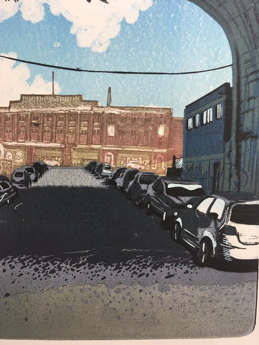 Mike_Printmaker's tweet photo. Working into the evening to get this view completed. Looks like it’s about there: ‘Typhoo Building Through Arch’ an edition of 30 original prints #100viewsofbirmingham https://t.co/J18rL5xmEi