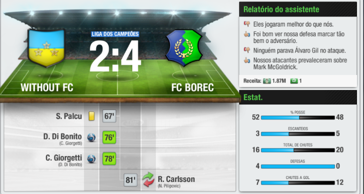 withoutfc1's tweet photo. Nosso sonho de conseguir o Tri da Champions acabou nas quartas de final com um jogo totalmente atípico na ida, apagão de 10 minutos no jogo da ida e uma vantagem do adversário que foi minimizada... #withoutfc #topeleven https://t.co/r02D1uunev