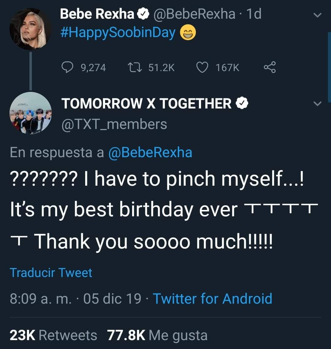 TxT_FanBase_MX's tweet photo. (TWITTER) Debido al cumpleaños de Soobin, se realizo un hastag #HappySoobinDay. El cual fue utilizado por @BebeRexha haciendo muy feliz a nuestro Soobin.

Me tengo que pellizcar, es el mejor cumpleaños en la vida ㅜㅜㅜㅜ
Muchas gracias!!!!

#SOOBIN
#수빈

 Trans @TxT_FanBase_MX https://t.co/IDerjj4wJ2