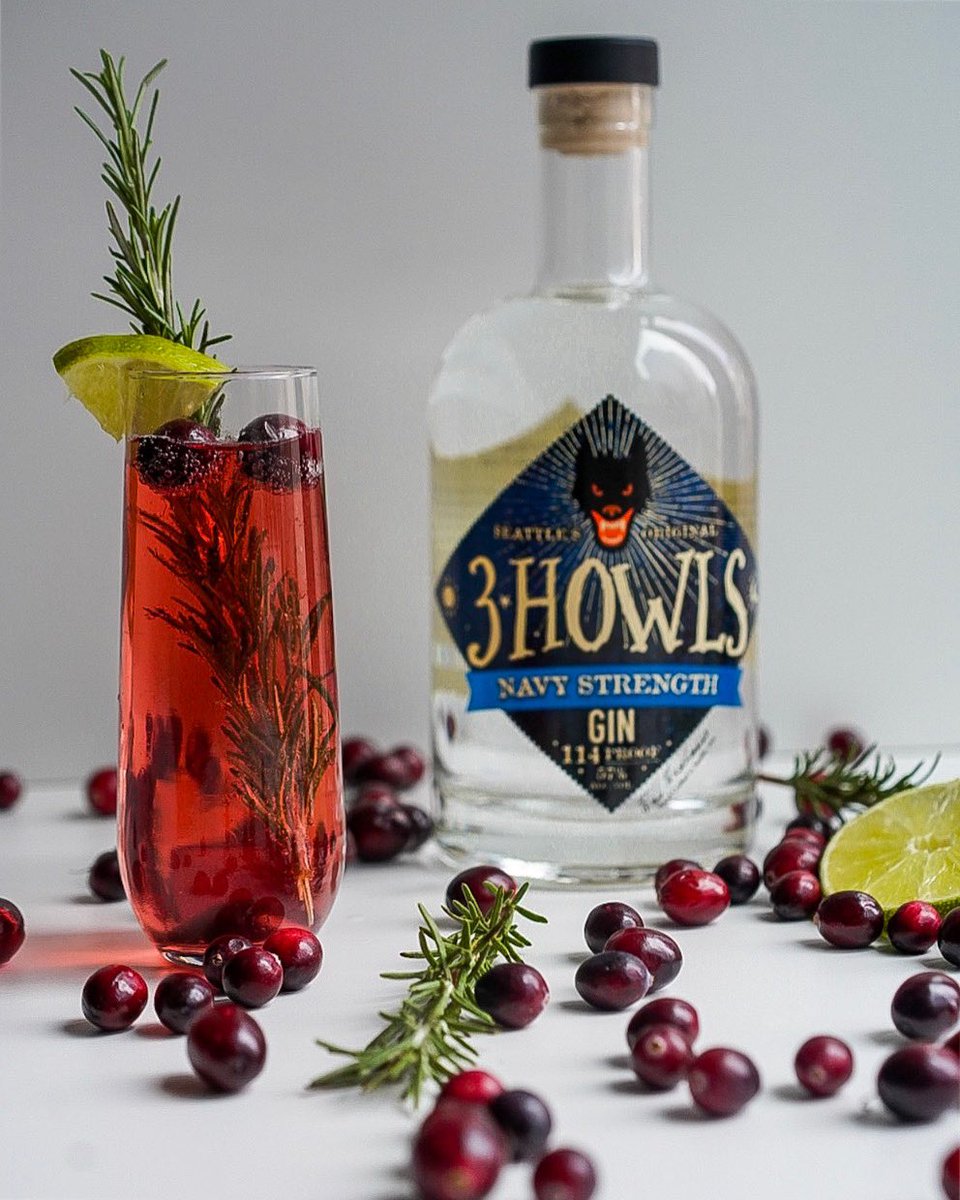 Looking for a festive cocktail to serve at your holiday party? We’ve got you covered! This beauty is #3Howls Navy Strength Gin + sparkling wine + cranberry juice + squeeze of lime juice. Garnish with cranberries, sprig of rosemary &amp; a lime! #TisTheSeason