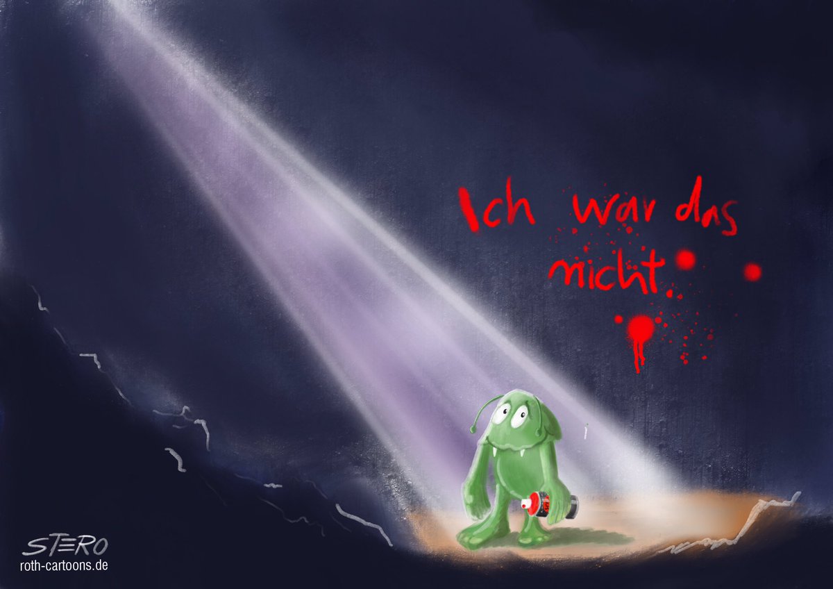 stero_cartoons's tweet photo. #Illustration eines kleinen grünen #monster das mit #graffiti #sprühdose „ich war das nicht“ an die wand geschrieben hat. #itwasntme #illustration #art #dailydrawing #cartoon #visualjoke #digitalart #drawing #editoralcartoon #editoralillustration #caricature #sterocartoon https://t.co/nApFrAJgal