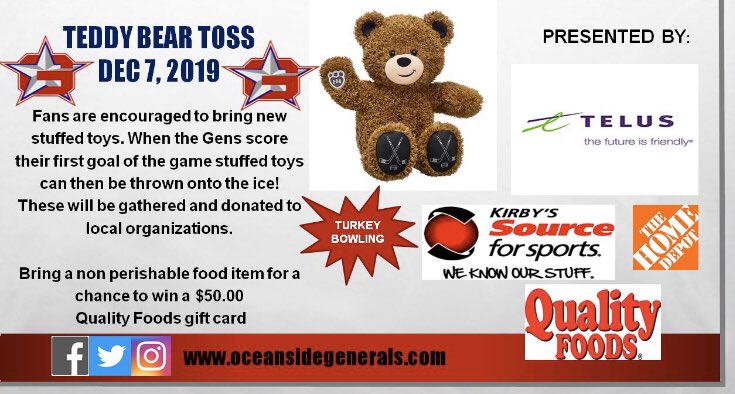 GeneralsJrHKY's tweet photo. Fans ! Don’t forget to bring a stuffed toy to our game this Saturday at the Howie Meeker. https://t.co/gg0Ayhwm82