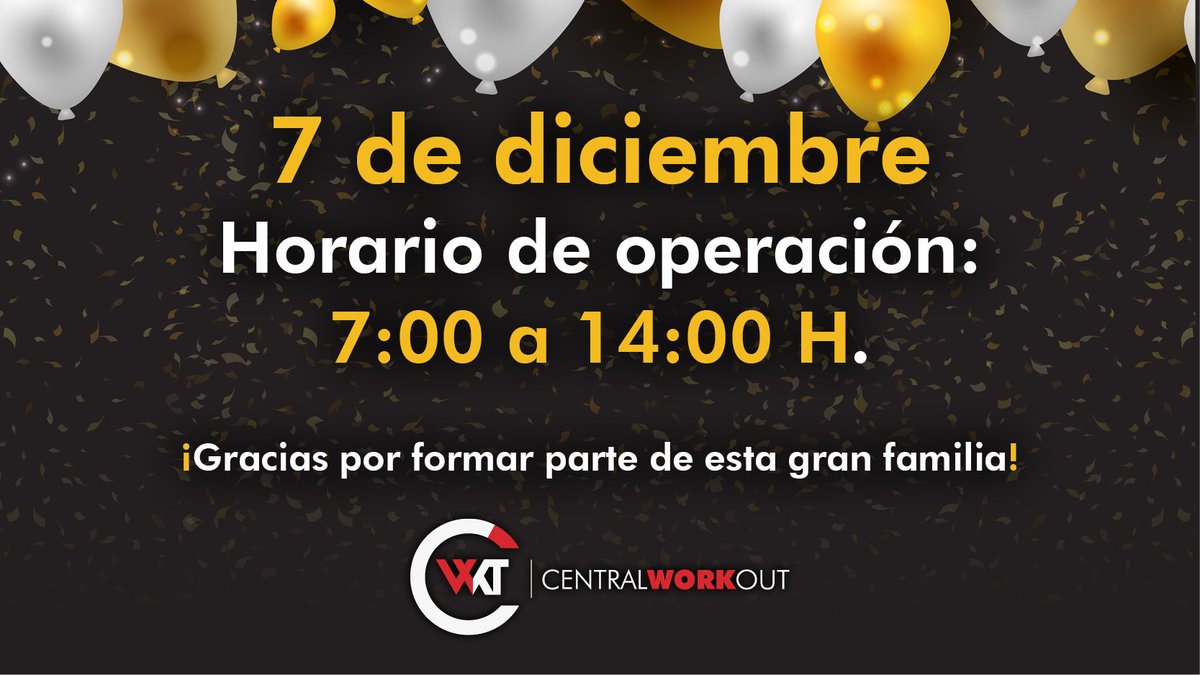 Central_WorkOut's tweet photo. Te informamos que por motivo de la celebración de Fin de Año de nuestro staff, este sábado 07 de diciembre operaremos en un horario de 7:00 a 14:00 horas.

¡Agradecemos tu comprensión! https://t.co/9Lvc7OCk7r