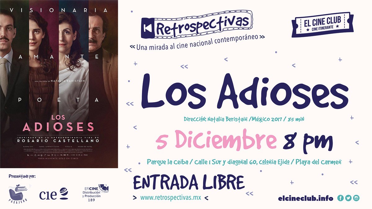 IMCINE (@imcine) on Twitter photo En <a href="/el_cineclub/">ElCineClub</a> cierran 2019 con la biopic de la escritora Rosario Castellanos. 📚
🎞️ 'Los adioses' de Natalia Beristáin.
🕰 20 h, | 📍 Parque La Ceiba.
#EntradaLibre En <a href="/el_cineclub/">ElCineClub</a> cierran 2019 con la biopic de la escritora Rosario Castellanos. 📚
🎞️ 'Los adioses' de Natalia Beristáin.
🕰 20 h, | 📍 Parque La Ceiba.
#EntradaLibre