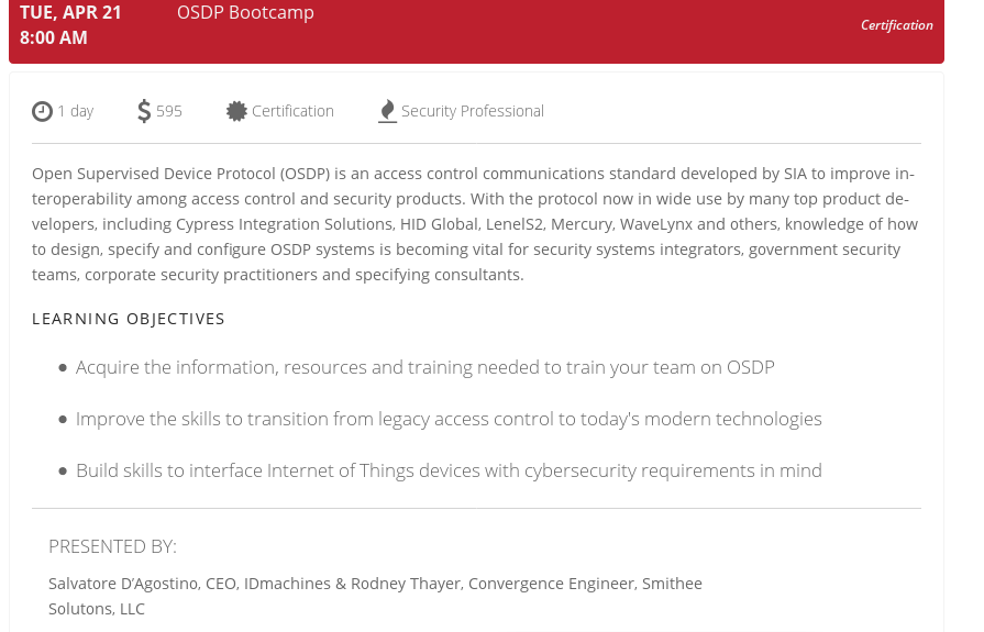 IDmachines's tweet photo. Looking forward to a full #OSDPBootCamp schedule in 2020 that now includes #PSATec @SIAonline #OSDP https://t.co/JBHrPp1Ijk