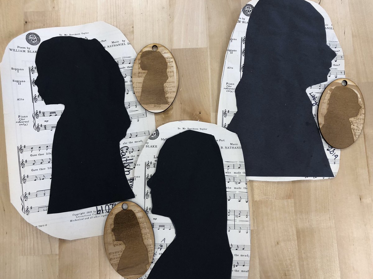 TechWithMrsW's tweet photo. After visiting Monticello, our 3rd graders created silhouettes in art class. Then they visited the Innovation Lab to learn about the @glowforge laser printer so we could take their paper creations &amp; turn them into engraved ornaments.  @StCatherinesRVA #girlsinnovate #maketolearn https://t.co/NbVkD5DsXF
