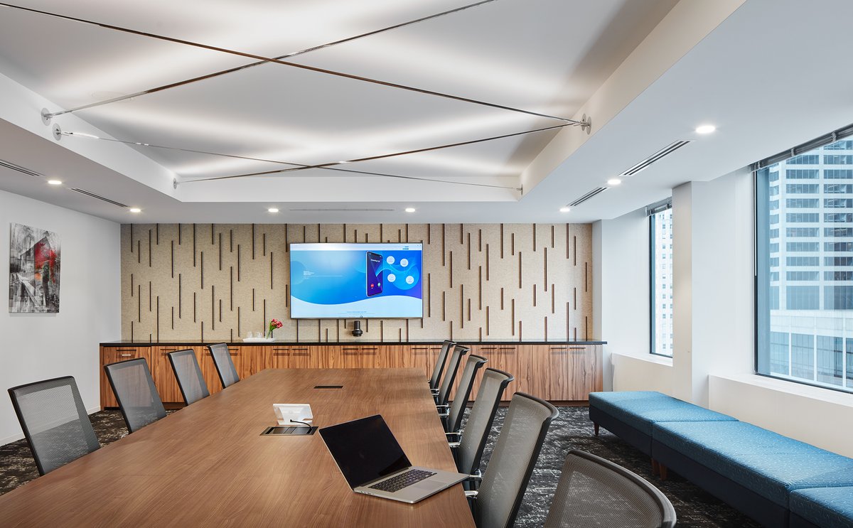 eastlakestudio's tweet photo. Not all companies want bold branding. Check out Dialogtech's new workplace. We used the history of the telephone to inspire design elements that reference their work in AI phone services. #dialogtech #workplacedesign #chicagotech #companyculture https://t.co/l4EMMOEvSM