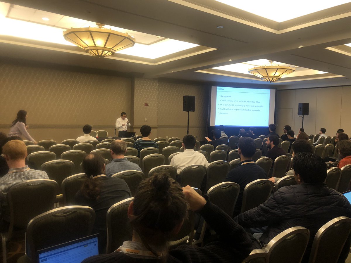 joe_jberry's tweet photo. @NREL postdoc’s first talk on behalf of the @NREL #perovskite #pv team, going over his results on high performance low gap perovskite cells and their use in tandems... #EN08 #F19MRS https://t.co/GvZQqmGiIi