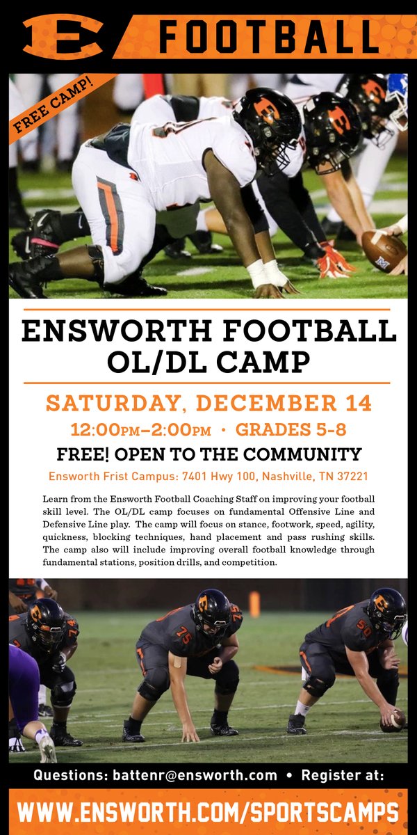 CoachRocBatten's tweet photo. Ensworth Football FREE Lineman Camp - Saturday, December 14, 12pm-2pm, Grades 5-8. Great opportunity to to work on skills and get better! Register at https://t.co/ZoBQWZmJHo @EnsworthFB @ECampsLeagues @Ensworth https://t.co/bSQXr0kfSp