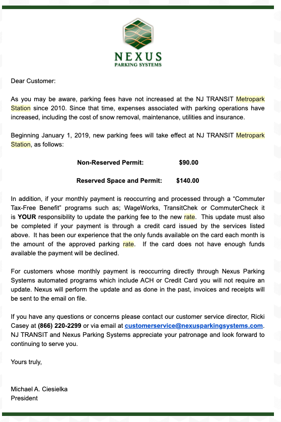 tningjs's tweet photo. Within one year, the monthly parking fee is raised twice. When it raised from $70 to $90 they said: "parking fees have not increased at the NJ TRANSIT Metropark Station since 2010". What's the reason they raised it again from $90 to $105?
#NJTransit #clevercommute https://t.co/n4jmoDHkwA