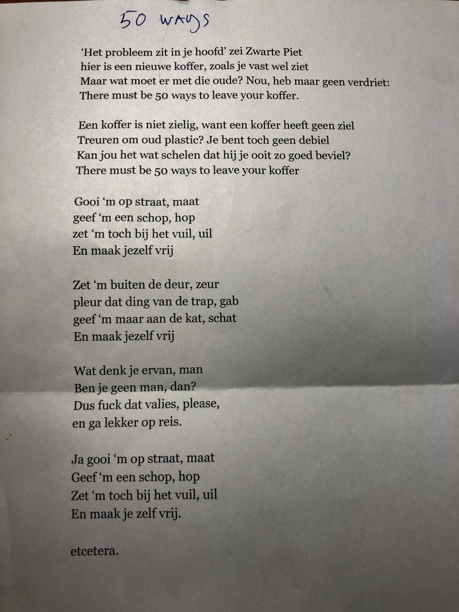Bij het nieuwe koffertje dat ik heb gekregen zat dit gedicht op de wijs van Paul Simon