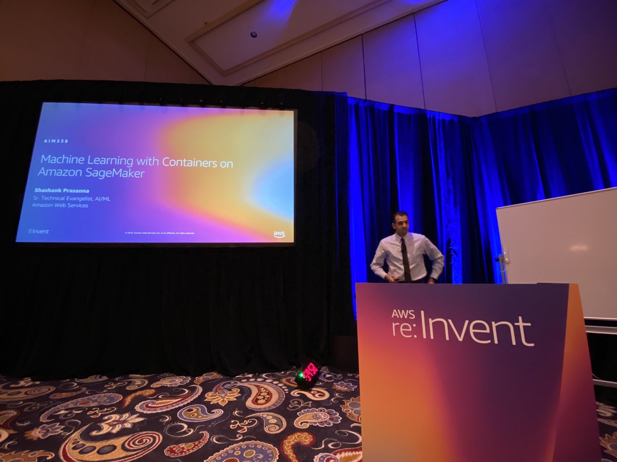 AWSEvents's tweet photo. Shashank Prasanna, @shshnkp, Senior Technical Evangelist, #AI/ML, is giving a #reInvent 2019 chalk talk on using AWS Deep Learning Containers to train and serve models with Amazon SageMaker. https://t.co/7bcV8M9Ckt