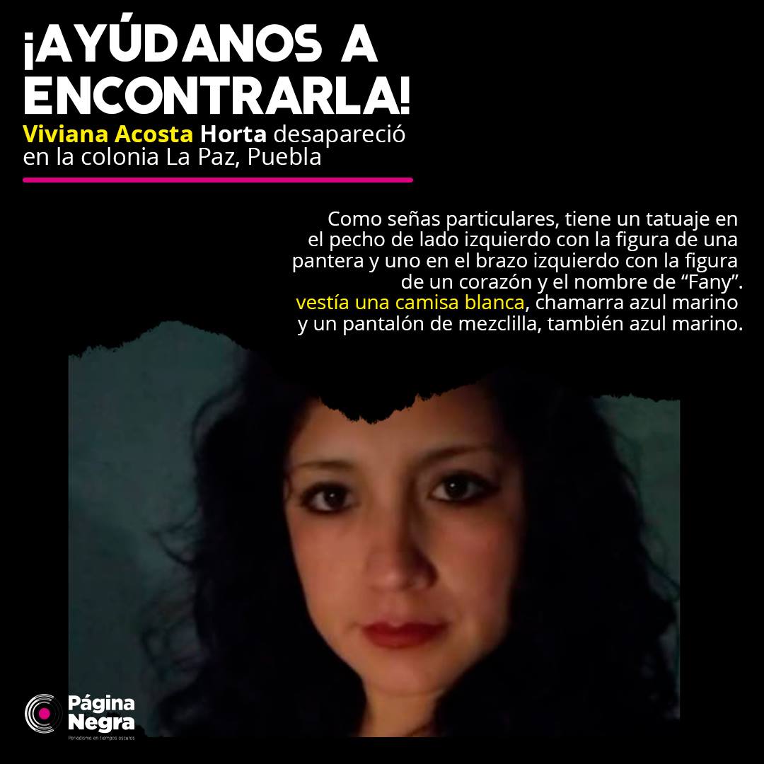 ⚠🚨 ¡Ayúdanos a encontrarla! La señora Viviana Acosta Horta, fue vista por última vez la mañana del pasado 1 de diciembre en calles de la colonia La Paz en #Puebla
#Comparte 👉 bit.ly/2rhKxmF