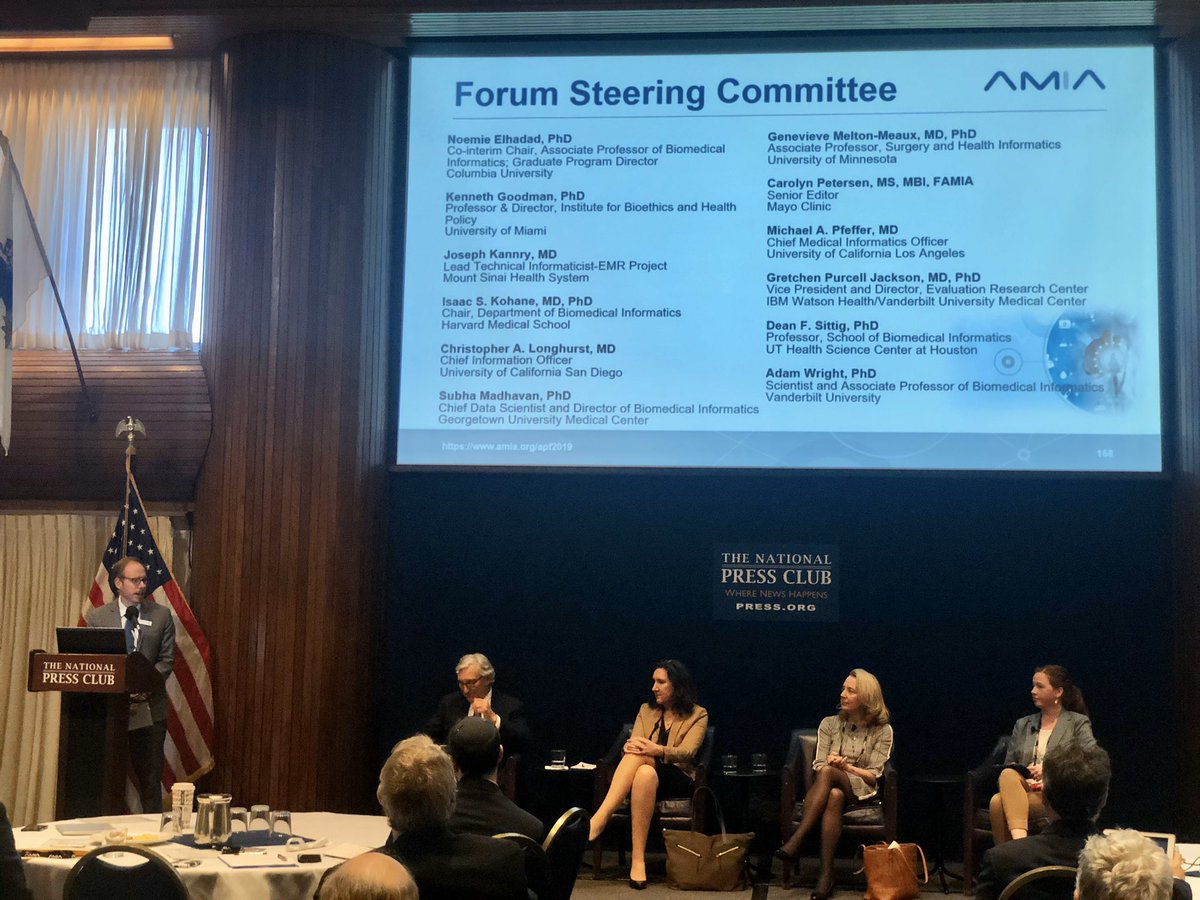 embimd's tweet photo. Great closing panel to a thought provoking and timely conference on the future of healthcare and it’s policy implications. Well done @jefferyrlsmith, @AMIAinformatics, and the members of the steering team listed here. Bravo! #APF19 https://t.co/P3Begm9qD2