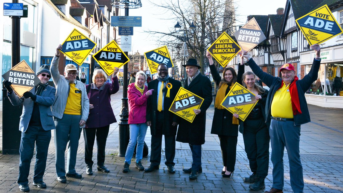 Sir Vince Cable in Solihull Town Centre supporting Ade Adeyemo's campaign to be MP for Solihull