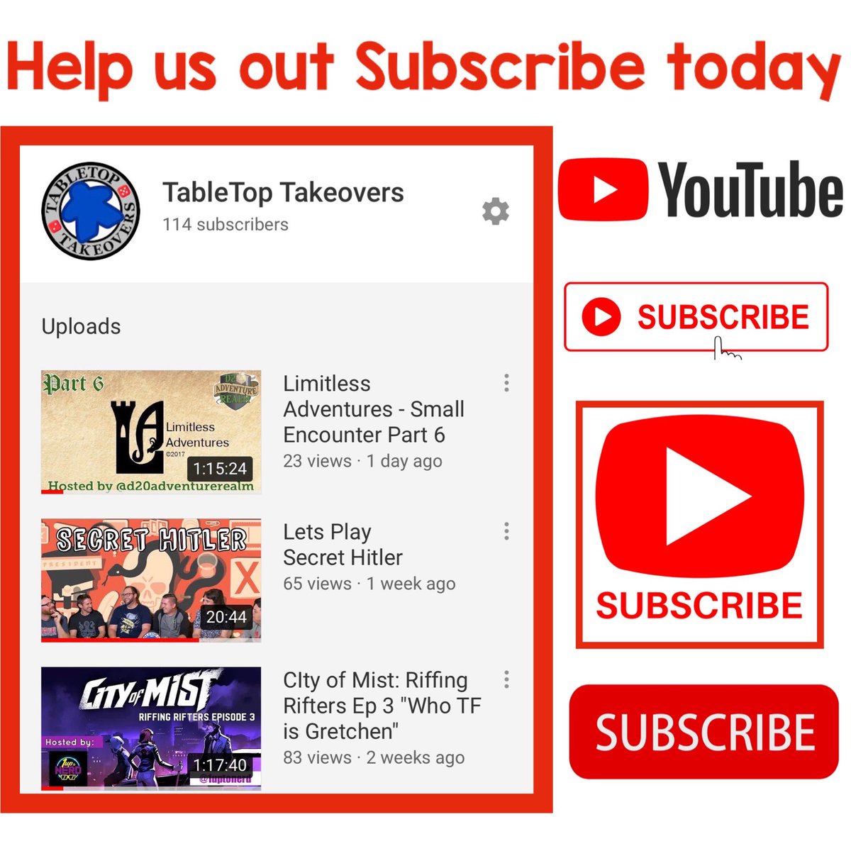 Help us get to 200 Subscribers 
Have you subscribed yet?? New episodes every Wednesday. 
Join us and our adventures but checking out our new YouTube page!! #dungeonsanddragons #rpg #secrethitler #cityofmist #youtube #needfollowers #needsubscribers

youtube.com/channel/UCf4xK…