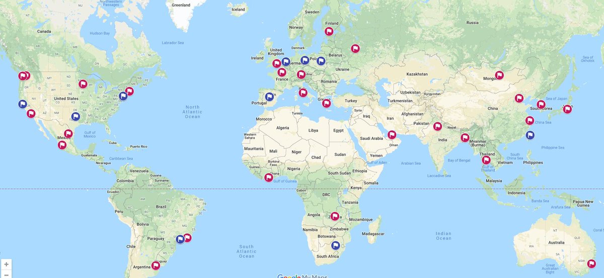 OntarioTCS's tweet photo. This map illustrates all of the locations in which our office has helped #CdnBusinesses achieve recent success: each red flag indicates new Canadian sales abroad, while each blue flag indicates new investments attracted into Canada.🍁(2/3)

#EverywhereYouExport
#DiversifyExports https://t.co/RAlW1HWxPQ