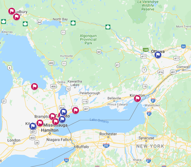 OntarioTCS's tweet photo. This map of #Ontario shows the communities our Trade Commissioners have helped by connecting them to sales and investments: red flags represent new sales and blue flags represent new investments. We are proud to serve the #CdnBusiness community &amp; are ready for #2020! (3/3) https://t.co/aiOwOFUMh9