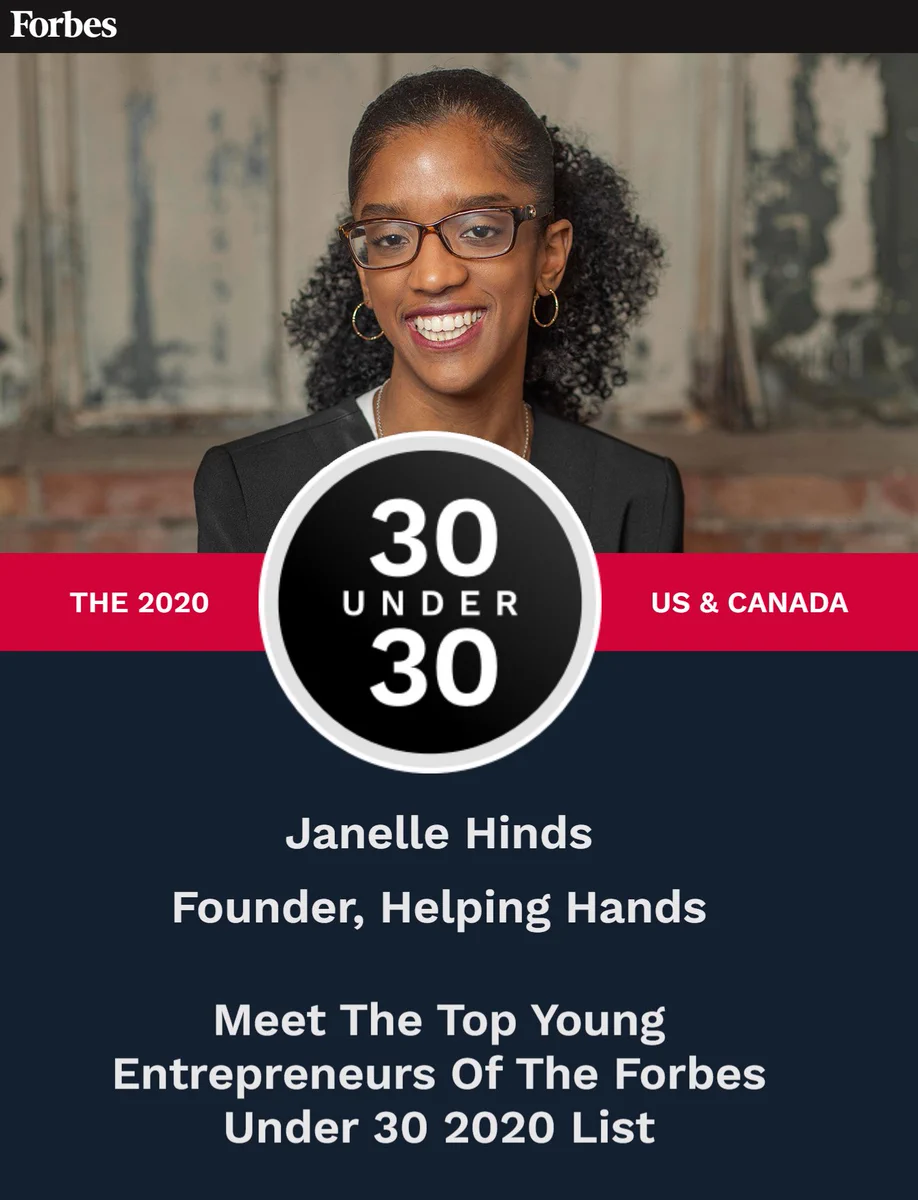 Picture of Janelle smiling with the words "the 2020 30 under 30 for Us and Canada" 