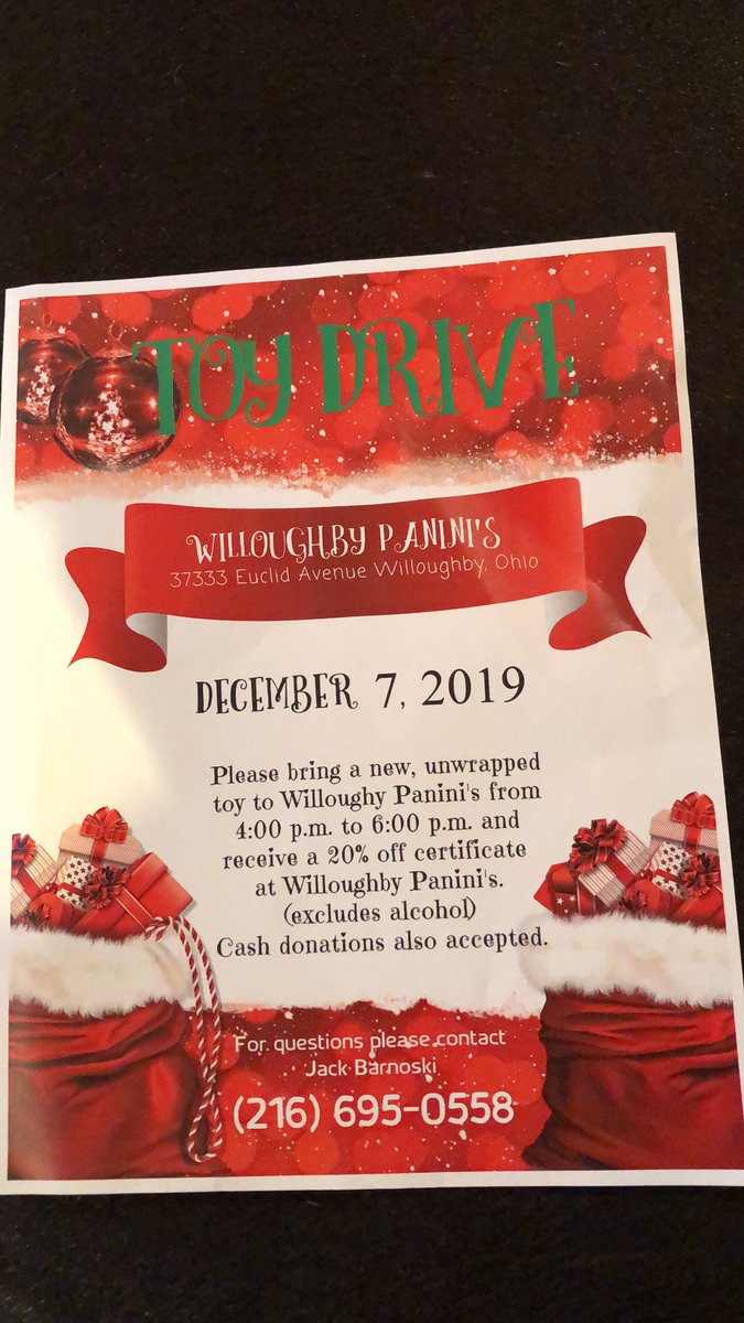 South High student Jack Barnoski is hosting a toy drive at Willoughby Paninis on the 7th. Please come and support this cause.