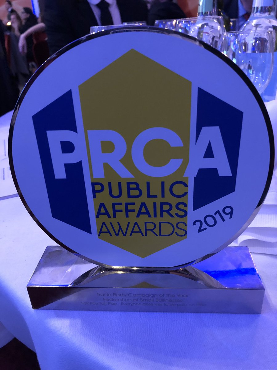 fsb_policy's tweet photo. And the winner is.... FSB scoops the Trade Body Campaign of the Year award at #PRCA2019 for our campaigning on late payments #FairPayFairPlay #winning https://t.co/EKIiPENbEy