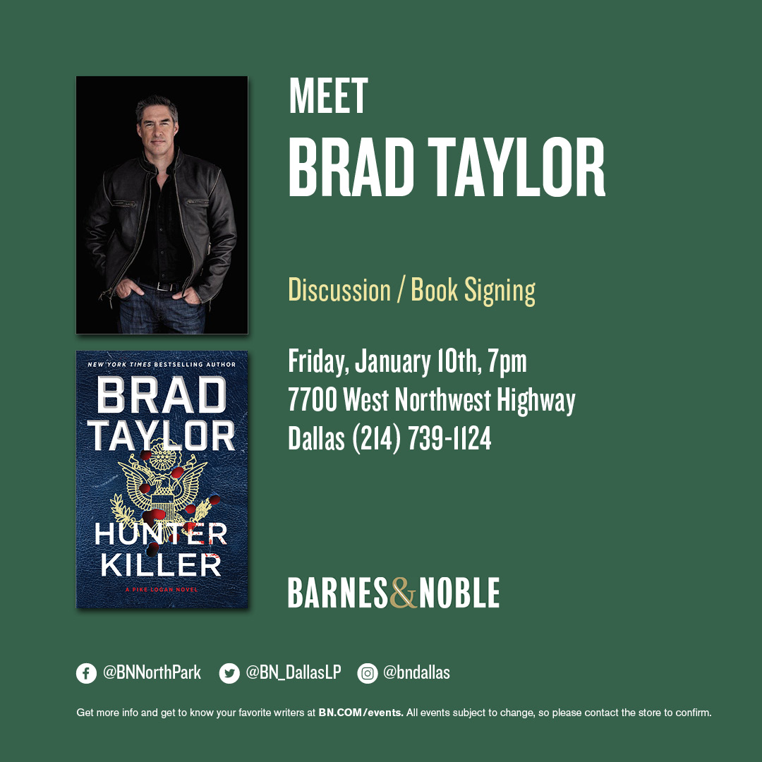 Bestselling author and former Special Forces Officer Brad Taylor is coming to discuss and sign his new novel Hunter Killer. Pike Logan tracks highly-trained Russian assassins to Brazil in this blistering, action-packed thriller. Come get your signed copy. facebook.com/events/1650163…