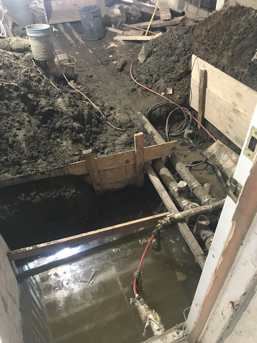 katzarch's tweet photo. Update on our rowhouse in Greenpoint: The old roof has been stripped and replaced. Basement water was a big concern for the owners so are installing a new waterproofed concrete slab and a pit with two pumps to remove any water that manages to infiltrate. More to come! https://t.co/3l4BfaphLU