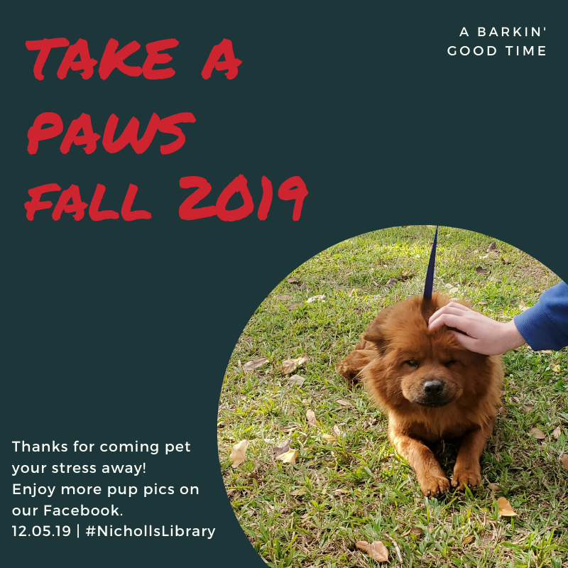 NichollsLibrary's tweet photo. We hope everyone had a successful first day of final exams! Thanks to everyone who attended Take A Paws today.

All the pictures taken today are on our Facebook page in the December 2019 album if you'd like to see all the cuddles. 

#NichollsLibrary #TakeAPaws #DestressFest https://t.co/0aaNeauhUl