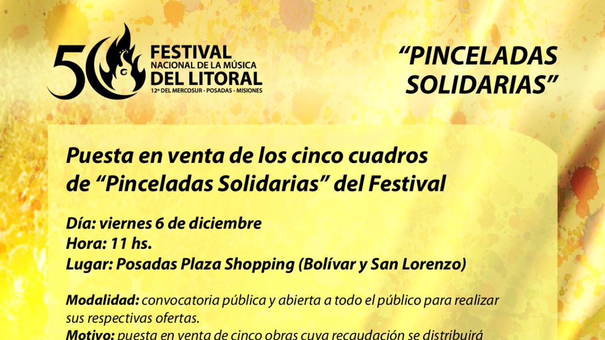 Fest_Litoral's tweet photo. Puesta en venta de los cinco cuadros de "Pinceladas Solidarias" realizados en vivo en la Edición de Oro del Festival Nacional de la Música del Litoral y 12° del Mercosur
#yovoyalos50
#todossomoslitoral
#todossomosfestival https://t.co/yW7X7j85OV