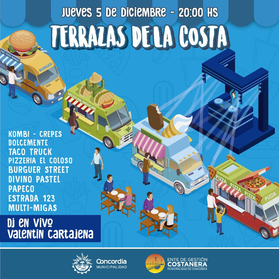 📣#HOY se inaugura el paseo de food trucks "Terrazas de la Costa" en Costanera de #Concordia 

🔸El espacio estará habilitado de miércoles a domingo y  feriados a partir de las 20 horas y contará con nueve food trucks con gastronomía litoraleña 🍟🍔🌮🍻. 
#CompartiConcordia