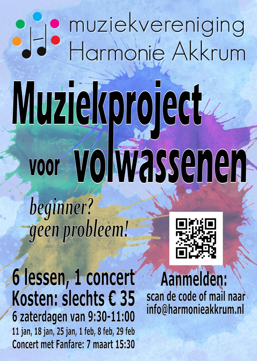 harmonieakkrum's tweet photo. Muziekproject voor volwassenen: Heb jij altijd al eens willen proberen om een muziekinstrument te bespelen? Wacht niet langer. Harmonie Akkrum biedt in 2020 weer een muziekproject voor volwassenen aan. In 6 groepslessen leer je de beginselen van het… https://t.co/OY8we11C6P https://t.co/IM483Y1eLk