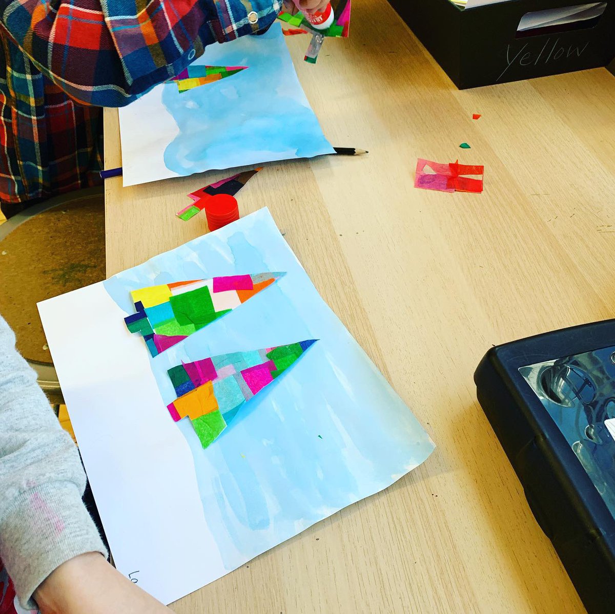 These cheerful tissue paper trees on watercolour winter skyline turned out great!! #Room1 <a href="/WolseleyWolves/">Wolseley School</a>