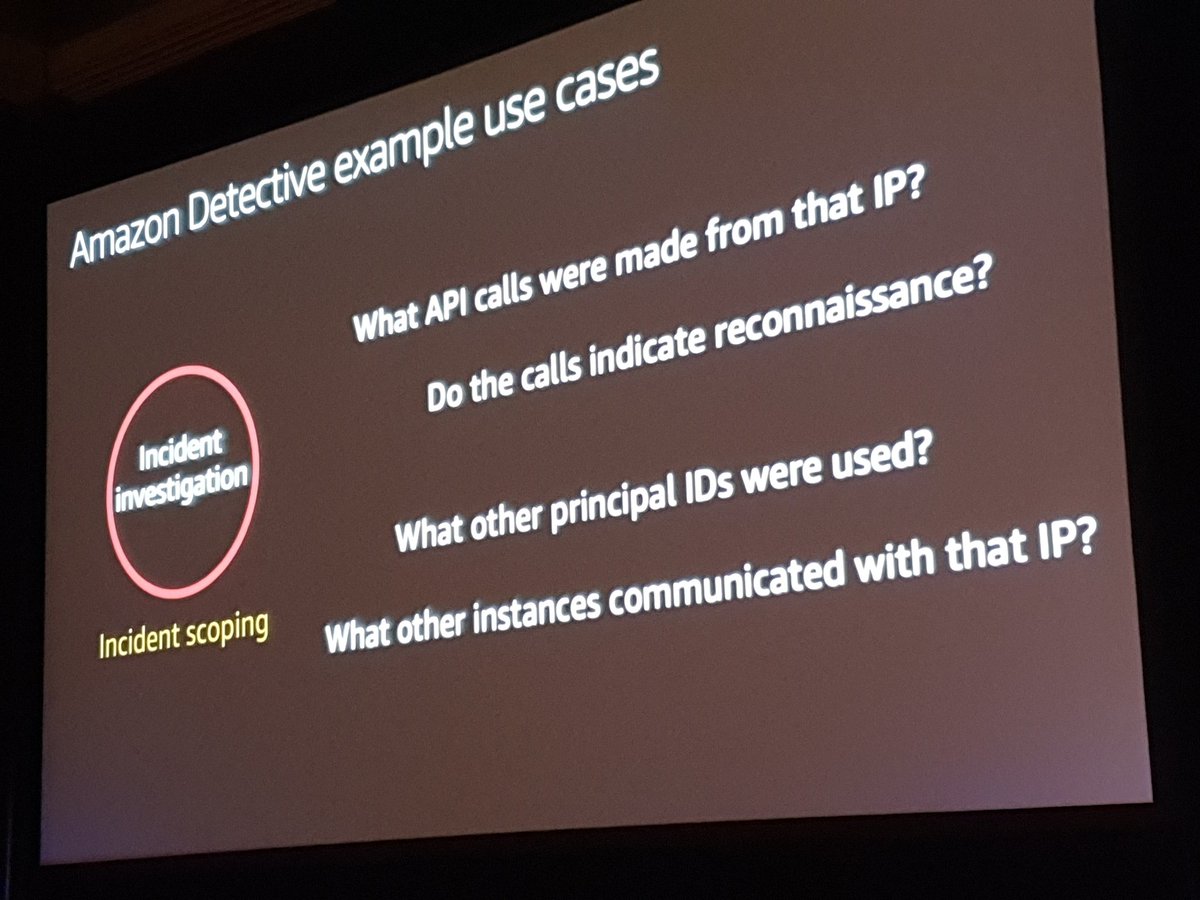 AWSEvents's tweet photo. Mark continues by discussing the use cases for Amazon Detective. These include alert triage, incident investigation &amp; threat hunting. You can use the results to enhance your #Security posture. #reInvent https://t.co/YvyuK09T6p