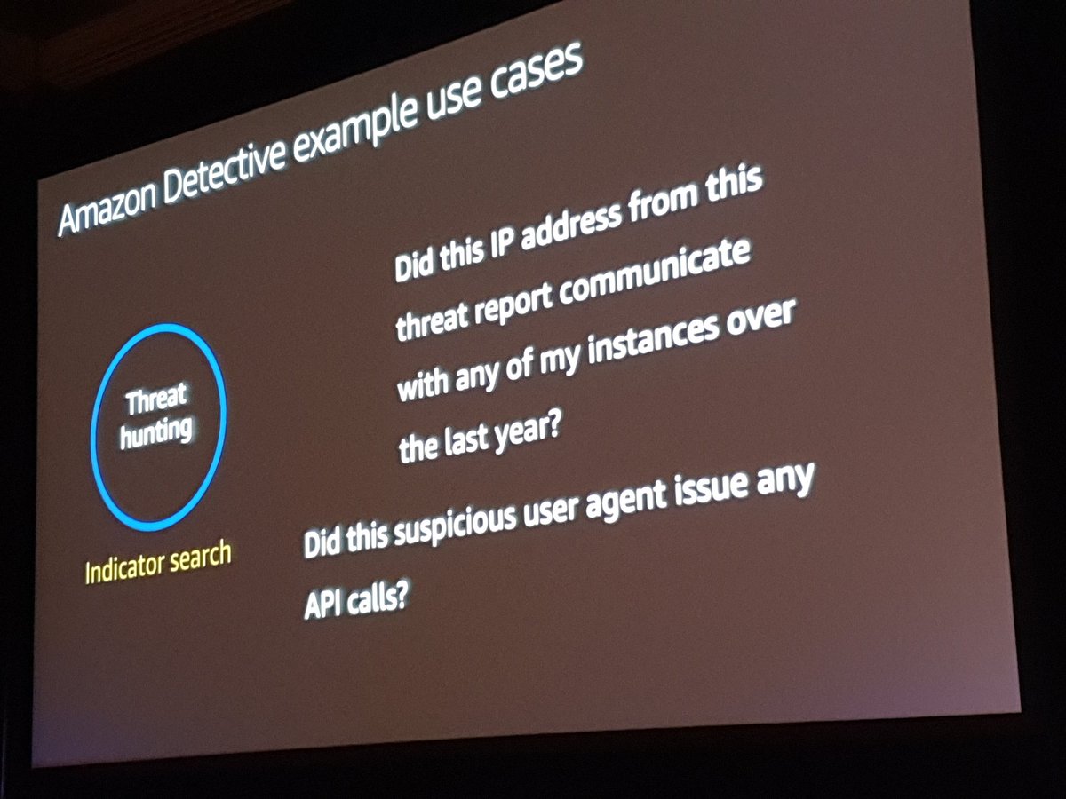 AWSEvents's tweet photo. Mark continues by discussing the use cases for Amazon Detective. These include alert triage, incident investigation &amp; threat hunting. You can use the results to enhance your #Security posture. #reInvent https://t.co/YvyuK09T6p