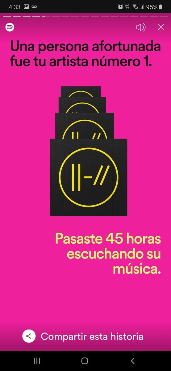 alfredd64's tweet photo. Gracias, @twentyonepilots, por pasar 45 horas conmigo este año en @Spotify. Eres mi artista número 1. #EnTiemposDeSpotify https://t.co/wSnuaW8bo3