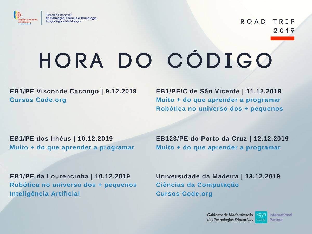 Rodolfo_Du's tweet photo. Next week, Road Trip #HourOfCode with workshops about:
- Unplugged activities
- Codeorg Courses
- Artificial Inteligence
- Computer Science
@codeorg @CSforALL #CSforGood #Educaticram #gmte #Madeira https://t.co/dYMaBGr5N5