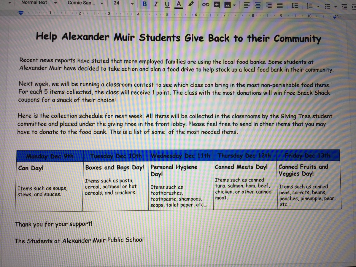 MsSPirie's tweet photo. The #givingtree is coming to @AlexMuirPS. Starting next week, bring in the food items that our the #newmarketfoodpantry is in need this holiday season. Each day is a different item.The winning class will receive a token for a treat from our Snack Shack! #ampsimpact #givingback https://t.co/0aEiU1Samj