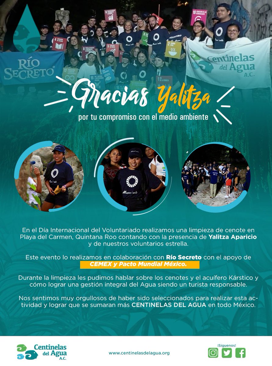 CentinelasAgua's tweet photo. Agradecemos a @YalitzaAparicio por su gran amor, pasión por la #conservación de los recursos naturales y por sumarse a esta actividad siendo una gran #Centineladelagua 💪💙🌎

#Cuidamoscadagota
@riosecreto @AlltournativeMX @CEMEXMx  @PactoMundialMex https://t.co/tJgBKGkqK9