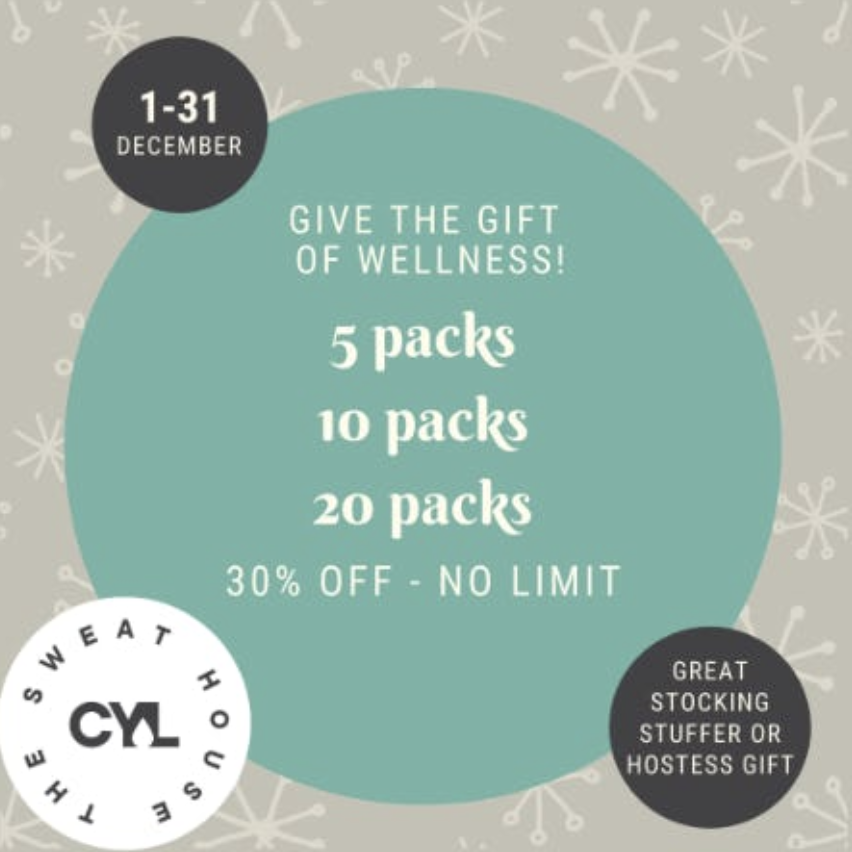 TwentyNinthSt's tweet photo. Give the gift of wellness this holiday season! Dec 1-30 receive 30% off of 5, 10 &amp; 20 packs of sweats at CYL Sauna Studio! Great for stocking stuffers and hostess gifts. https://t.co/tY5IqecKsZ
