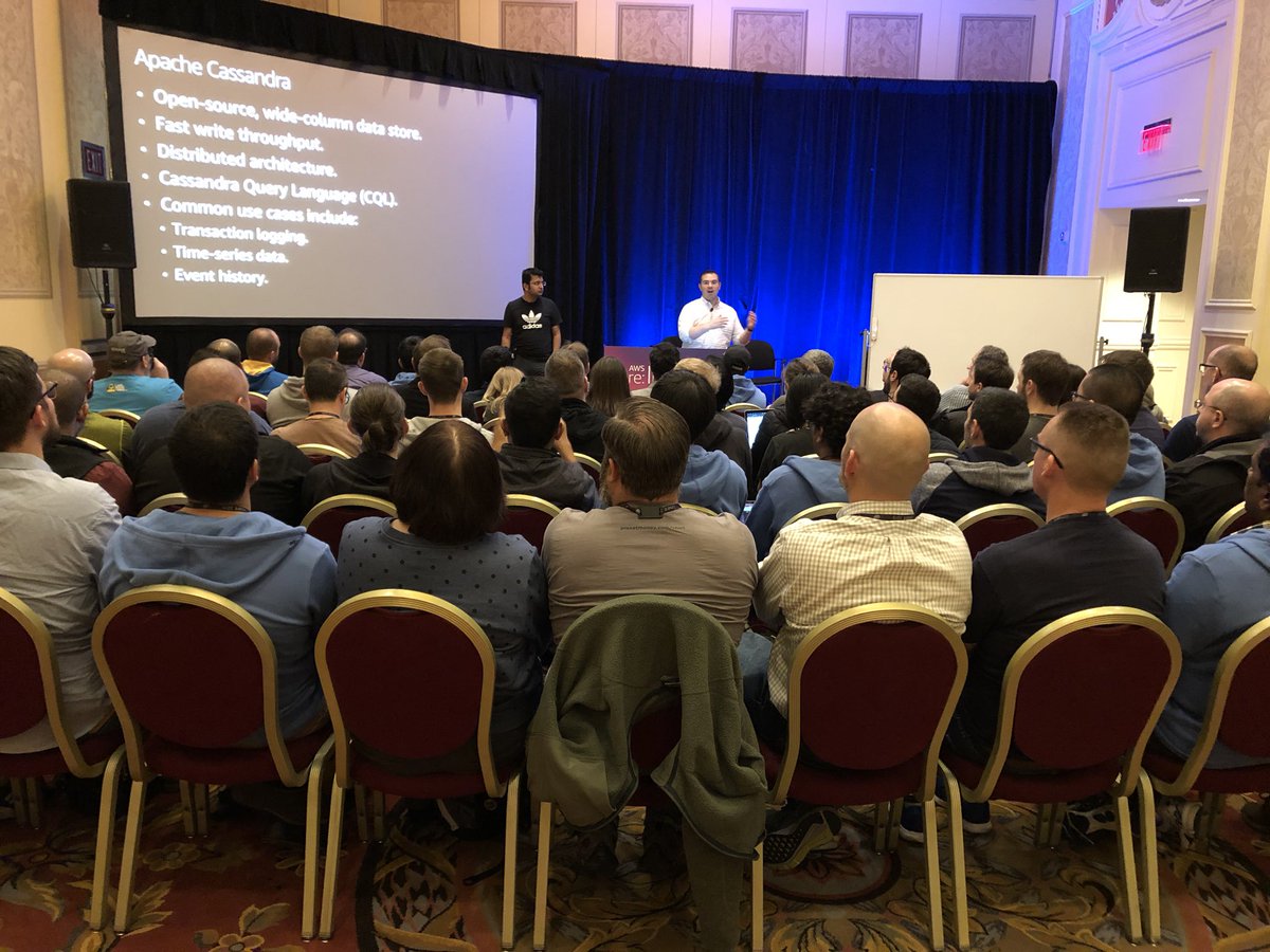 AWSOpen's tweet photo. Full room for DAT324 Introducing Amazon Managed Apache Cassandra with Arturo Hinojosa & Akshat Vig. #reInvent https://t.co/mSydt9KZFE