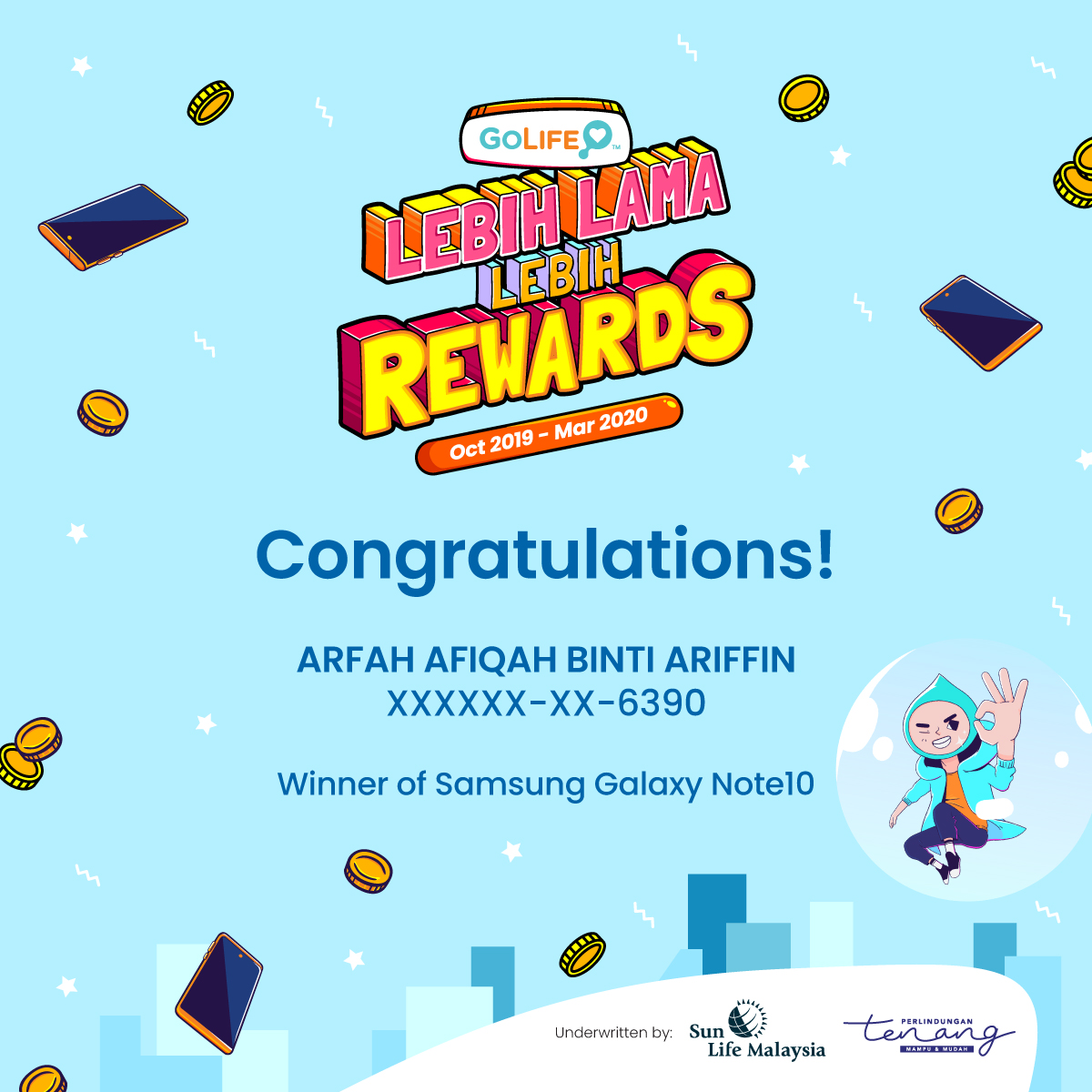 umobile's tweet photo. Congratulations to all #GoLifeLebihLamaLebihRewards Nov 2019 contest winners! We'll notify all winners via call / SMS soon. Thank you for participating!
Not covered by GoLife yet? Get yours today and you could be one of our winners too!
#GoLife #AffordableLifeInsurance #UMobile https://t.co/5ubN9R1hrV
