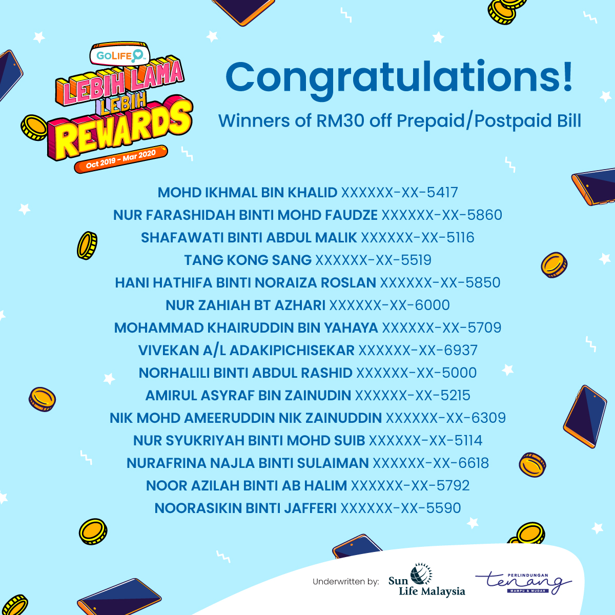 umobile's tweet photo. Congratulations to all #GoLifeLebihLamaLebihRewards Nov 2019 contest winners! We'll notify all winners via call / SMS soon. Thank you for participating!
Not covered by GoLife yet? Get yours today and you could be one of our winners too!
#GoLife #AffordableLifeInsurance #UMobile https://t.co/5ubN9R1hrV