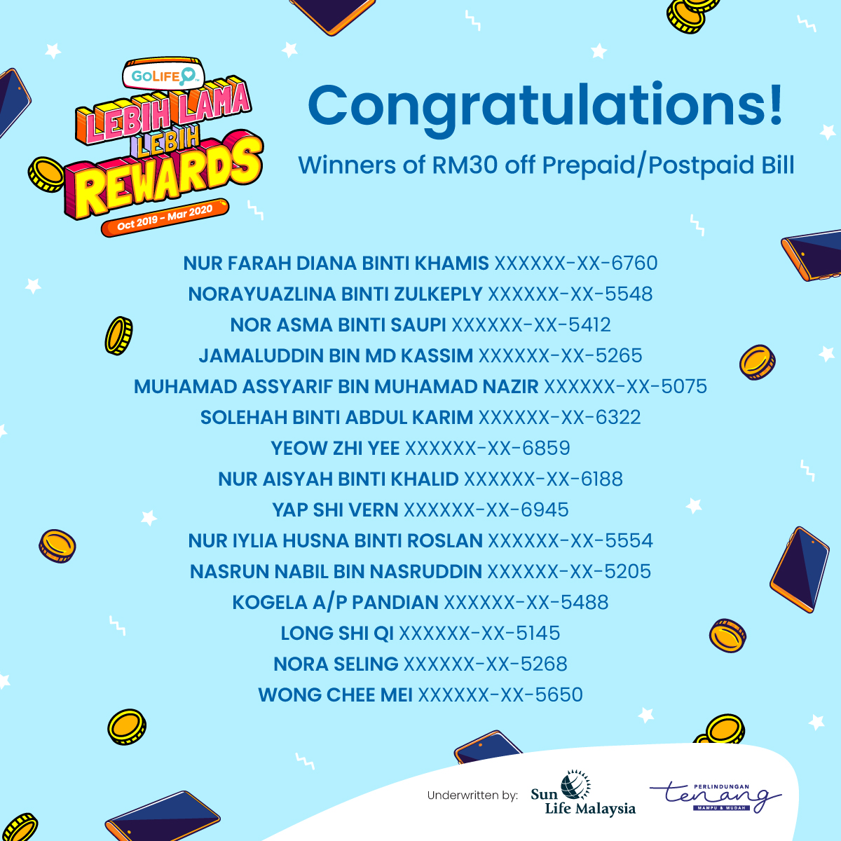 umobile's tweet photo. Congratulations to all #GoLifeLebihLamaLebihRewards Nov 2019 contest winners! We'll notify all winners via call / SMS soon. Thank you for participating!
Not covered by GoLife yet? Get yours today and you could be one of our winners too!
#GoLife #AffordableLifeInsurance #UMobile https://t.co/5ubN9R1hrV