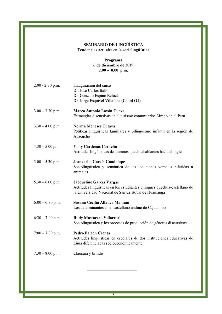 letrasUNMSM's tweet photo. #Mañana #EventosLetras #LingüísticaUNMSM 

Compartimos el programa del Seminario «Tendencias actuales en la sociolingüística».

No te pierdas las ponencias y descubre las investigaciones en el campo de la socioligüística que se están realizando en nuestra facultad. https://t.co/Mtsj1HyC4B