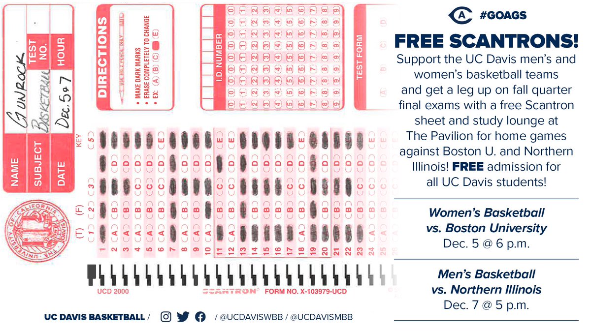 Get your head in the (finals) game and stop by the Pav to score a FREE SCANTRON, study in a special section and support <a href="/ucdaviswbb/">UC Davis Women’s Basketball</a> as they take on Boston University at 6!!🏀 #GoAgs