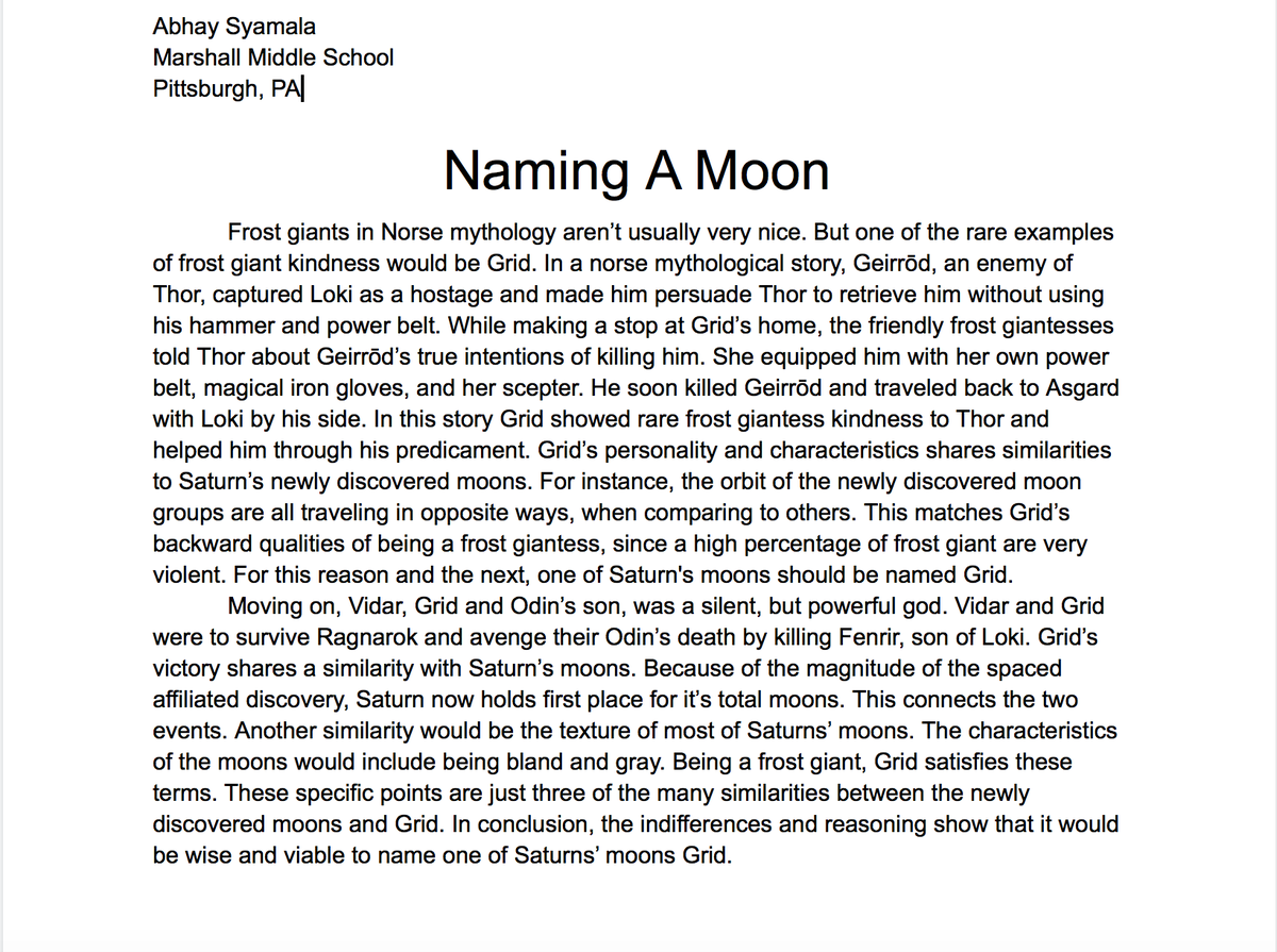 StellarScience2's tweet photo. @SaturnLunacy  Our second entry from Marshall Middle School in Pittsburgh Pennsylvania is from 8th grader Ahbay S! #namingsaturnsnewmoons https://t.co/c7yj9rUsTc