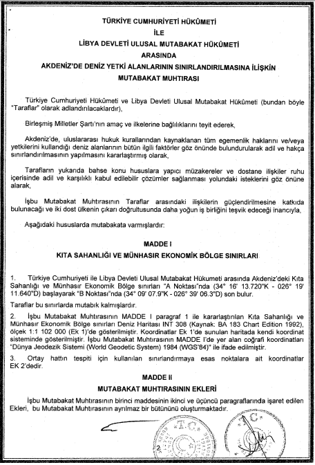 TBMM 'ye sunulan Akdeniz'de deniz yetki alanlarının sınırlandırılması anlaşması